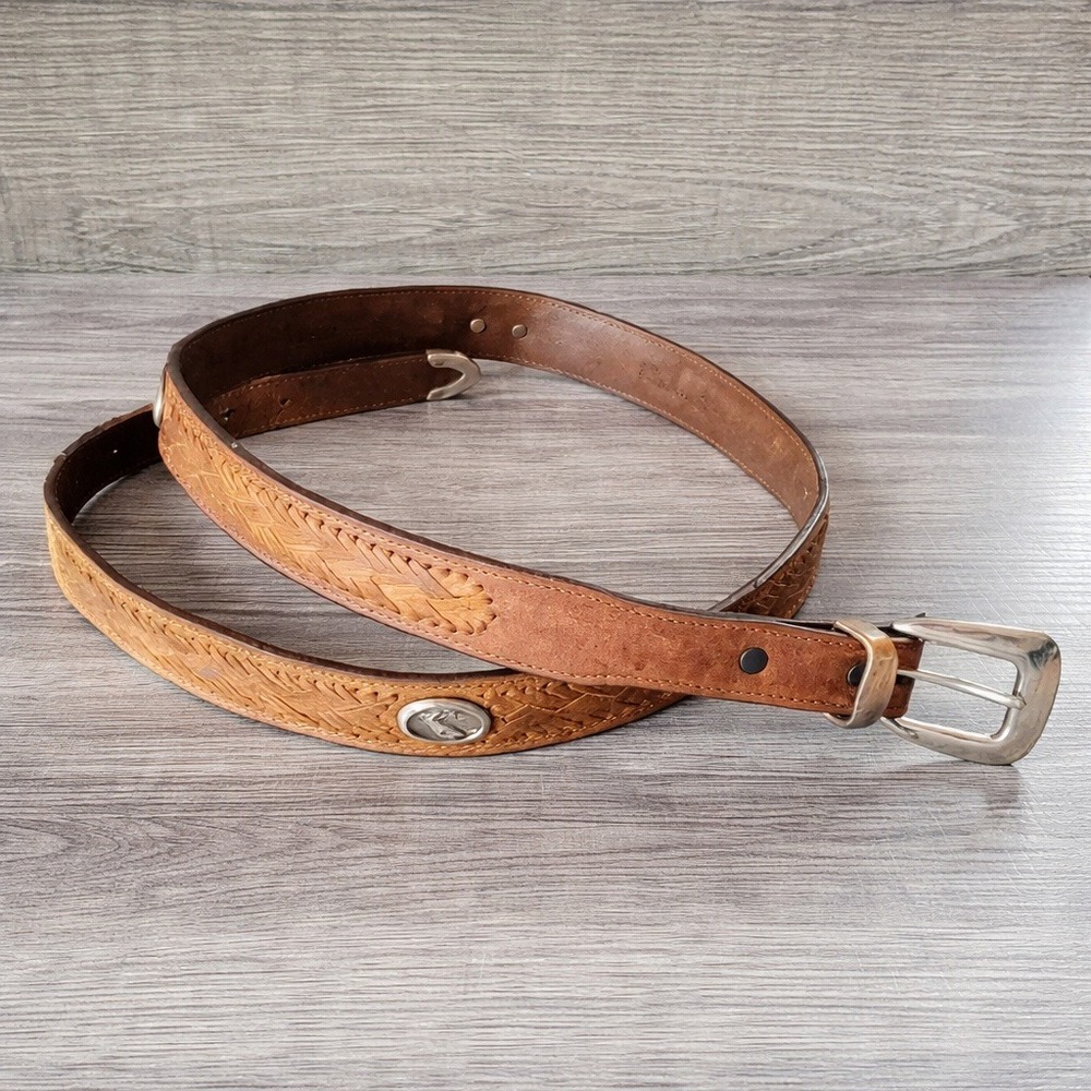 Badger Brown Tooled Leather Silver Fish Embossed Western Belt Mens SZ 44 Rugged